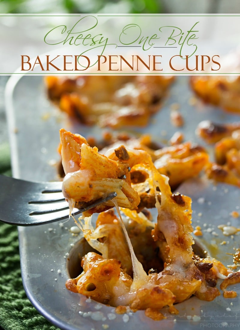 Cheesy One Bite Baked Penne Cups | Creamy, cheesy and spicy baked penne pasta is baked into mini muffin cups for the tastiest appetizer around! They're the perfect one-bite snack!