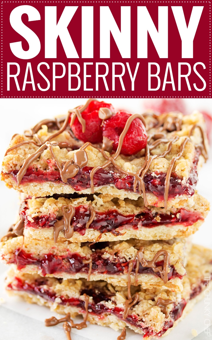 Skinny Raspberry Shortbread Bars | These buttery and sweet raspberry bars have under 200 calories per bar, making them the perfect lighter dessert! | http://thechunkychef.com