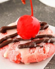 Glazed Chocolate Cherry Cookies | Soft and buttery cherry cookies, made with cherry juice and cherry pieces, are topped with a drizzle of melted chocolate, sweet glaze, and a cherry! | http://thechunkychef.com