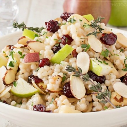 Harvest Israeli Couscous Salad | Israeli couscous is mixed with harvest fruits, almonds and herbs, then tossed with a flavorful maple mustard vinaigrette. Healthy and delicious! | http://thechunkychef.com