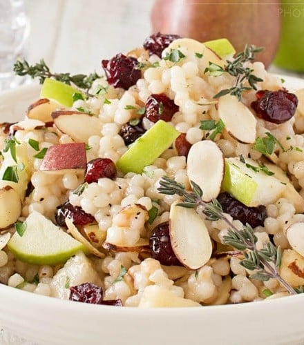 Harvest Israeli Couscous Salad | Israeli couscous is mixed with harvest fruits, almonds and herbs, then tossed with a flavorful maple mustard vinaigrette. Healthy and delicious! | http://thechunkychef.com