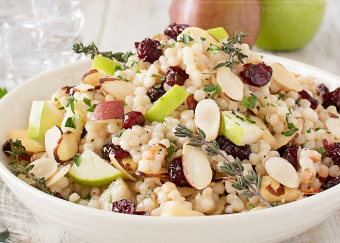 Harvest Israeli Couscous Salad | Israeli couscous is mixed with harvest fruits, almonds and herbs, then tossed with a flavorful maple mustard vinaigrette. Healthy and delicious! | http://thechunkychef.com