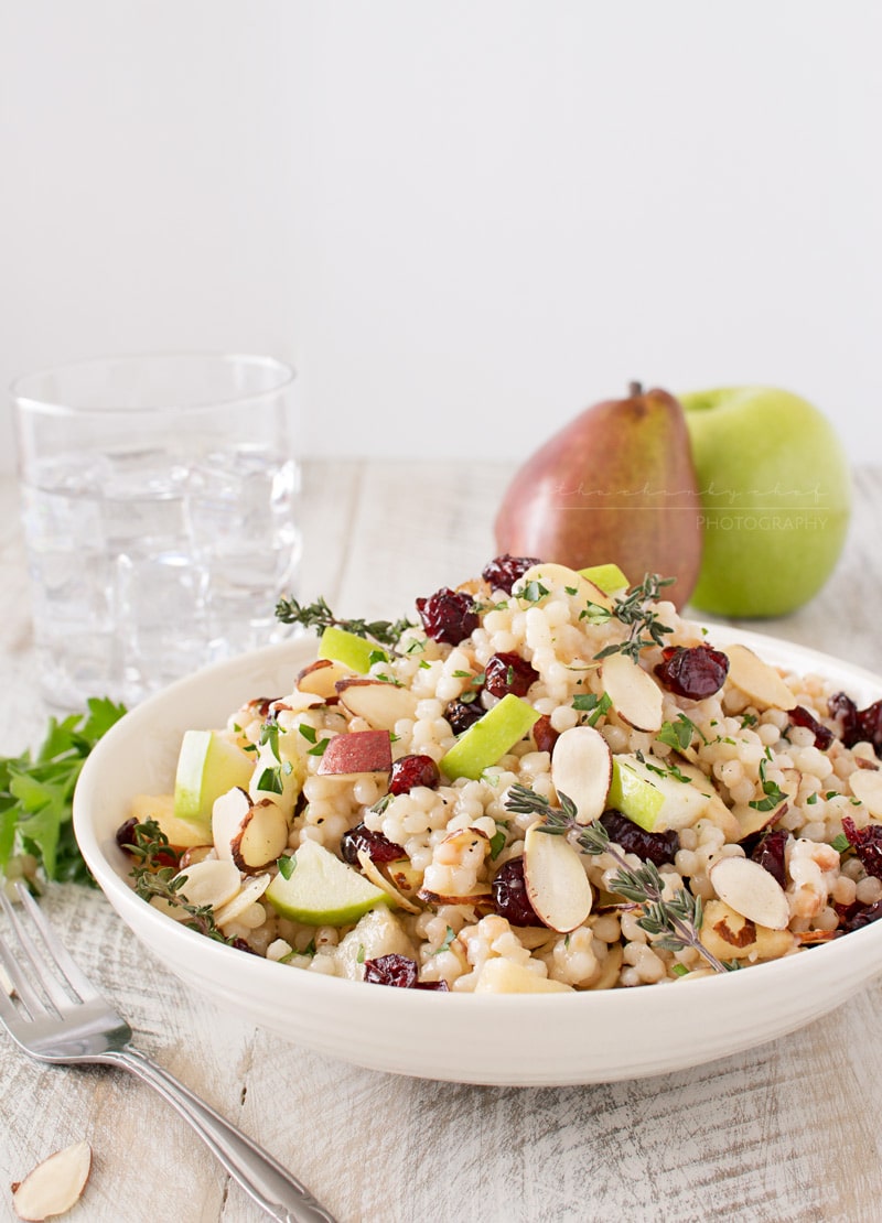 Harvest Israeli Couscous Salad | Israeli couscous is mixed with harvest fruits, almonds and herbs, then tossed with a flavorful maple mustard vinaigrette. Healthy and delicious! | http://thechunkychef.com