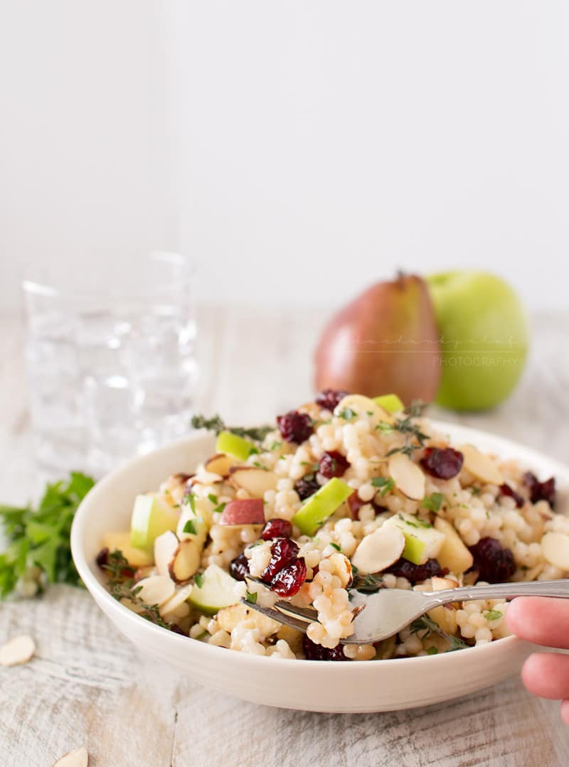 Harvest Israeli Couscous Salad | Israeli couscous is mixed with harvest fruits, almonds and herbs, then tossed with a flavorful maple mustard vinaigrette. Healthy and delicious! | http://thechunkychef.com