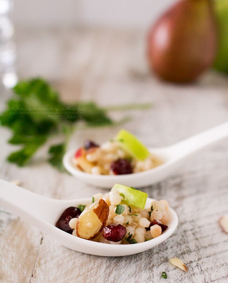 Harvest Israeli Couscous Salad | Israeli couscous is mixed with harvest fruits, almonds and herbs, then tossed with a flavorful maple mustard vinaigrette. Healthy and delicious! | http://thechunkychef.com