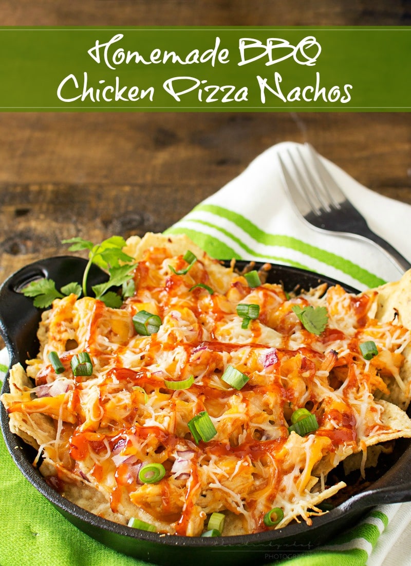 Oven Baked BBQ Chicken Pizza Nachos | Oven baked BBQ chicken pizza nachos... the awesome combination of homemade bbq sauce, juicy chicken, gooey cheese and tons of toppings! | http://thechunkychef.com