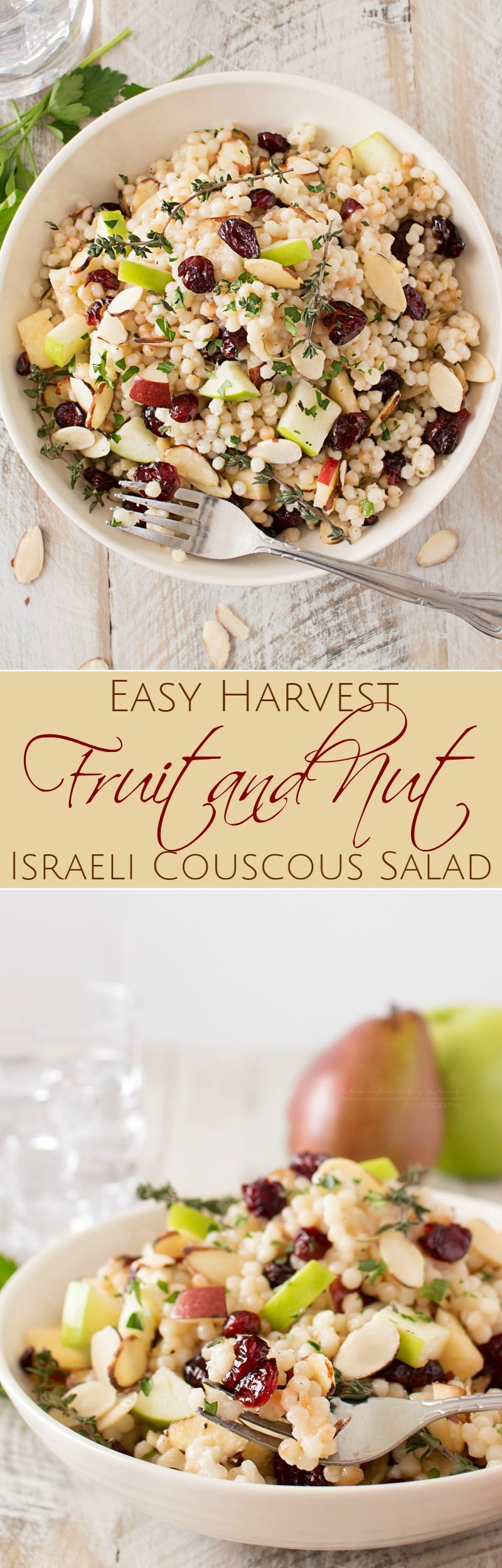 Harvest Israeli Couscous Salad | Israeli couscous is mixed with harvest fruits, almonds and herbs, then tossed with a flavorful maple mustard vinaigrette. Healthy and delicious! | http://thechunkychef.com