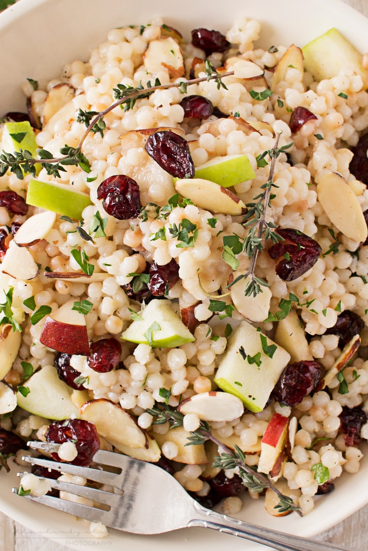 Harvest Israeli Couscous Salad | Israeli couscous is mixed with harvest fruits, almonds and herbs, then tossed with a flavorful maple mustard vinaigrette. Healthy and delicious! | http://thechunkychef.com
