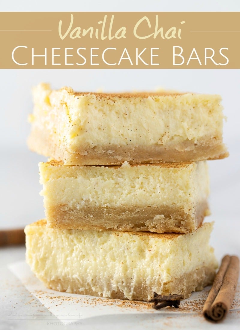 Vanilla Chai Cheesecake Bars | Love cheesecake, but don't want a whole cake? These lusciously creamy cheesecake bars are flavored with chai and vanilla bean for the perfect treat! | http://thechunkychef.com