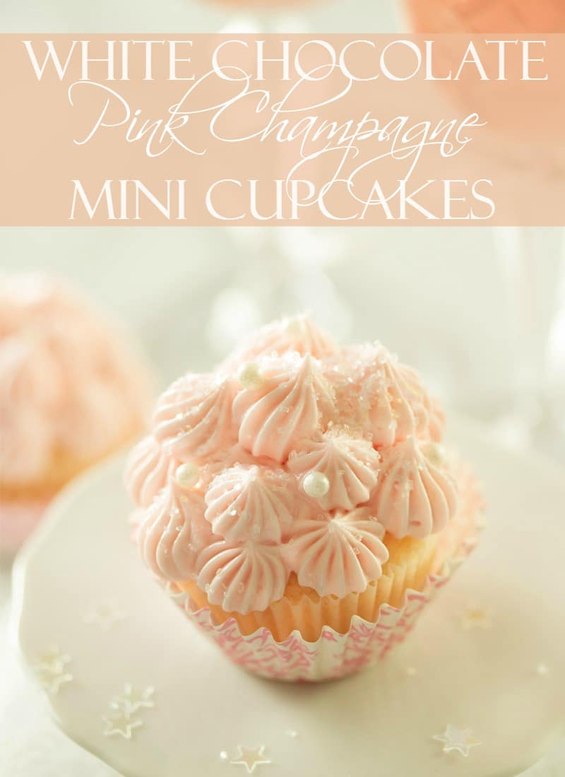 White Chocolate Pink Champagne Cupcakes | Soft, fluffy, white chocolate mini champagne cupcakes are topped with a light and creamy pink champagne buttercream frosting for the perfect treat!! | http://thechunkychef.com