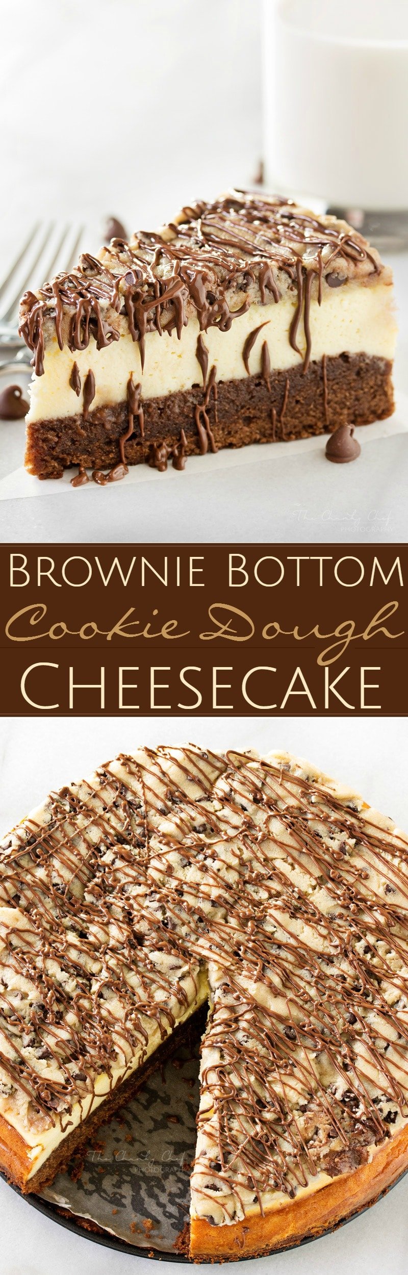 Brownie-Bottom-Cookie-Dough-Cheesecake | This impressive, yet super easy, brownie bottom cookie dough cheesecake looks as fancy as any dessert you've had from a restaurant! The ULTIMATE cheesecake for the ULTIMATE dessert lover! | http://thechunkychef.com