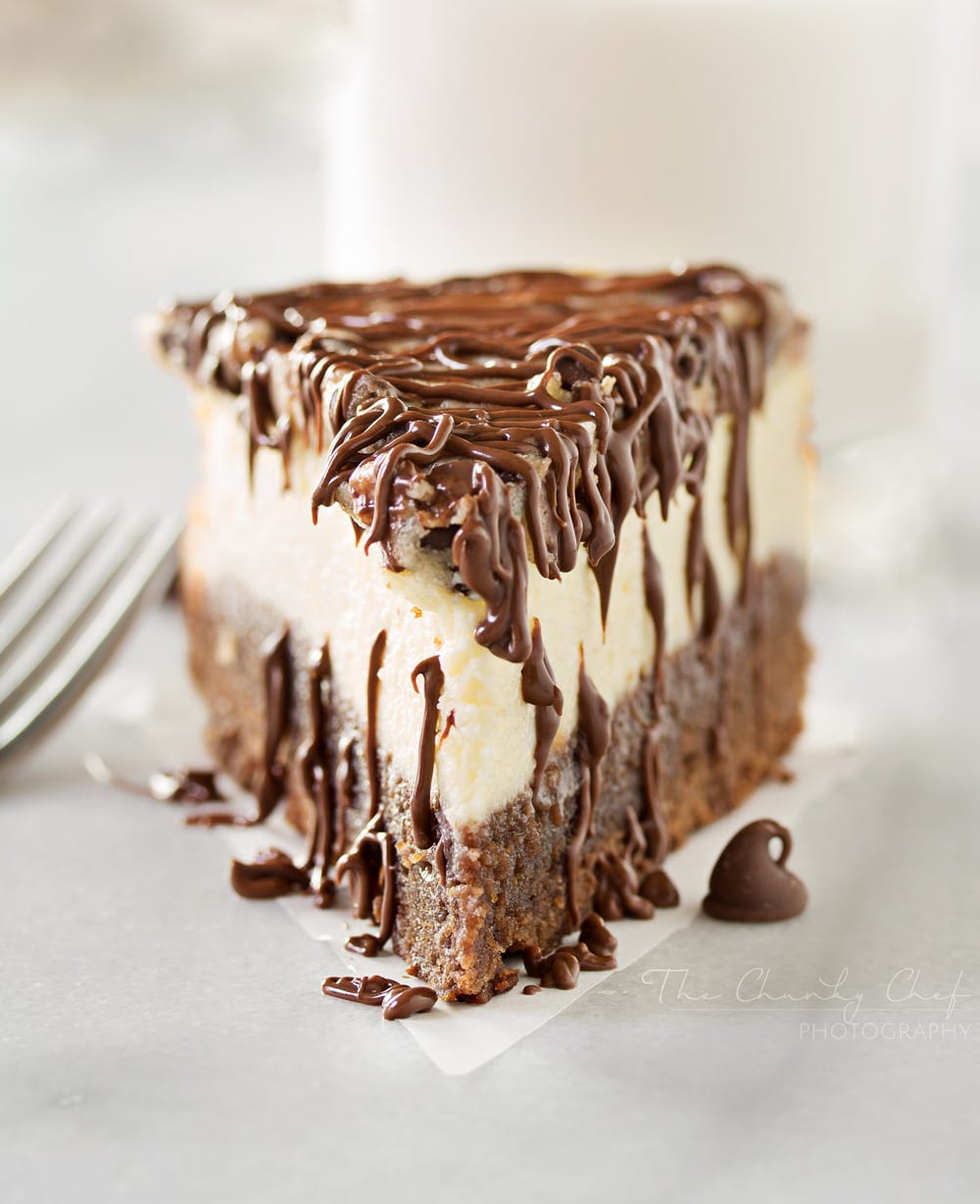 Brownie-Bottom-Cookie-Dough-Cheesecake | This impressive, yet super easy, brownie bottom cookie dough cheesecake looks as fancy as any dessert you've had from a restaurant! The ULTIMATE cheesecake for the ULTIMATE dessert lover! | http://thechunkychef.com