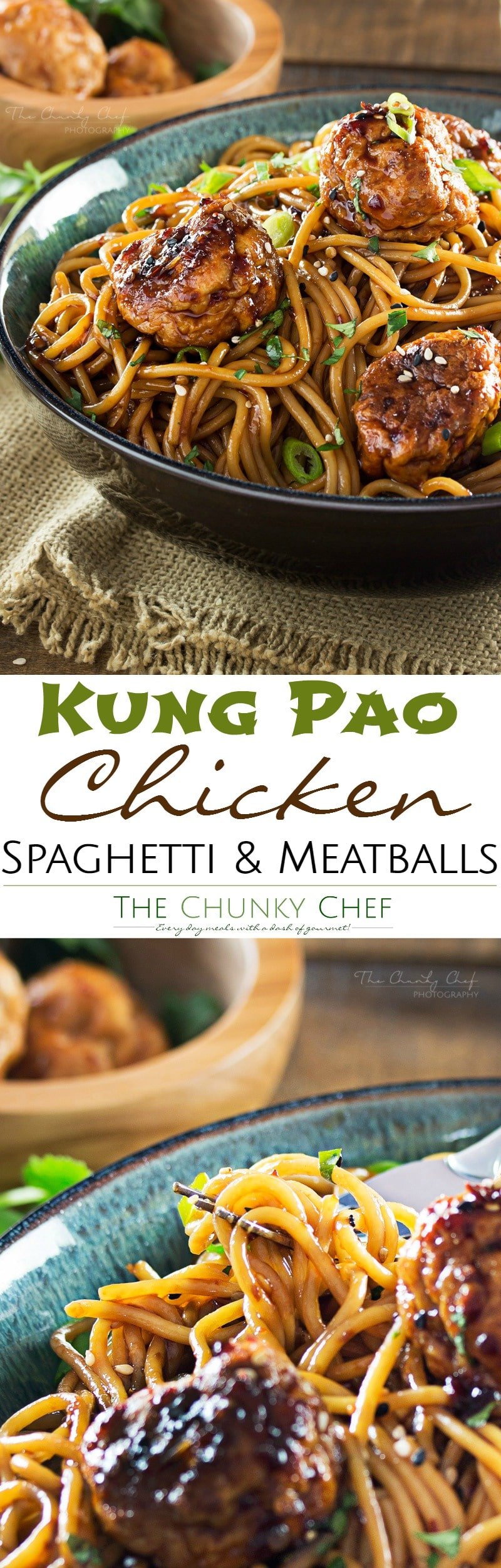 Kung-Pao-Chicken-Spaghetti-and-Meatballs | This version of Kung Pao chicken has all the flavors you'd expect from the classic dish, but in a comforting, homestyle spaghetti and meatballs package! | http://thechunkychef.com