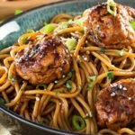 Kung-Pao-Chicken-Spaghetti-and-Meatballs | This version of Kung Pao chicken has all the flavors you'd expect from the classic dish, but in a comforting, homestyle spaghetti and meatballs package! | http://thechunkychef.com