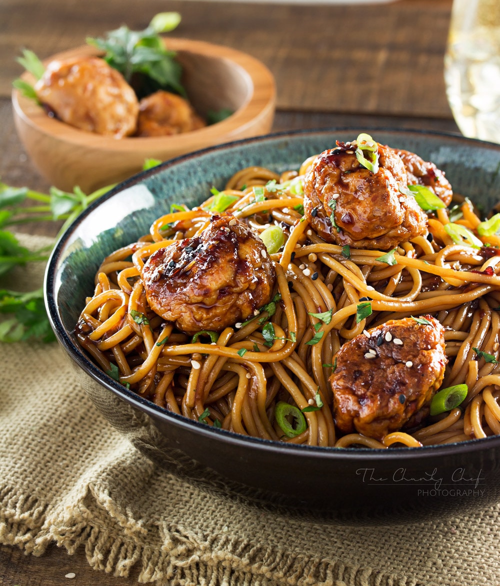 Kung-Pao-Chicken-Spaghetti-and-Meatballs | This version of Kung Pao chicken has all the flavors you'd expect from the classic dish, but in a comforting, homestyle spaghetti and meatballs package! | http://thechunkychef.com