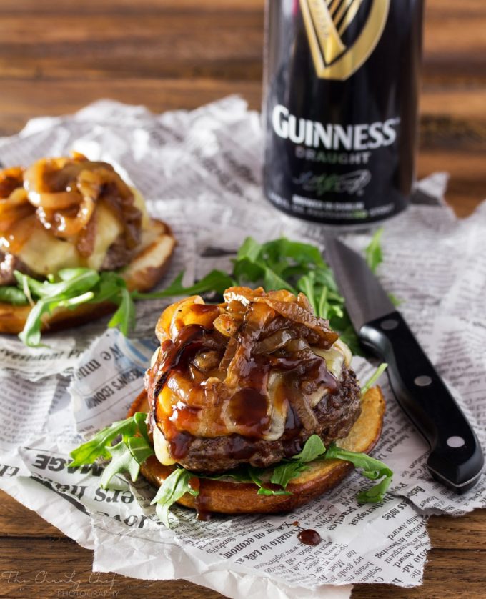 Whiskey-Glazed-Blue-Cheese-Burgers | These blue cheese burgers are brushed with a homemade whiskey glazed, topped with Irish cheese, and smothered in Guinness caramelized onions! | http://thechunkychef.com