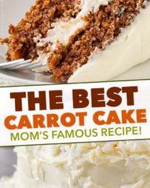 Hands down, the BEST Carrot Cake with Cream Cheese Frosting I’ve ever had. Rich, moist, and full of flavor, this cake is perfect for your holiday celebrations! #carrotcake #cake #Easter #spring #baking #dessert #dessertrecipe #scratch