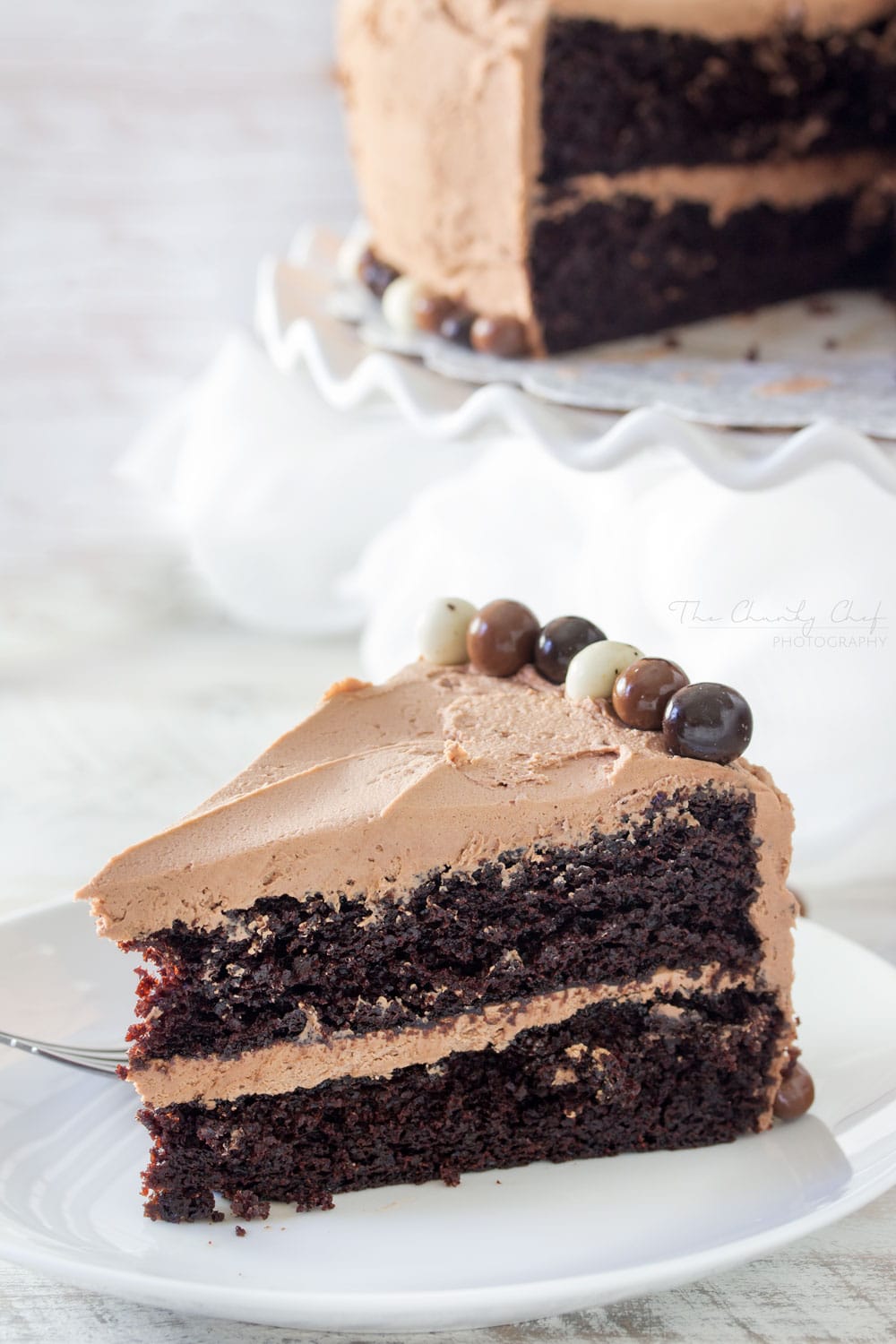 Buttermilk-Chocolate-Layer-Cake | The ULTIMATE soft and fluffy chocolate layer cake. Made from scratch with buttermilk, and slathered in an ultra creamy buttercream frosting! | http://thechunkychef.com