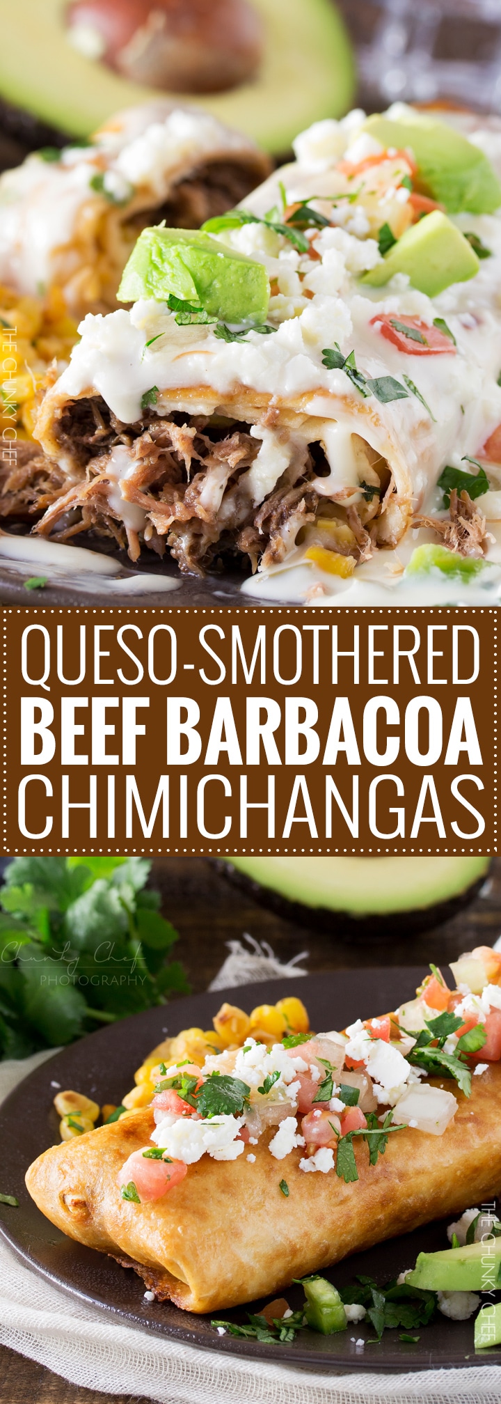 Queso Smothered Beef Barbacoa Chimichangas |Spicy, slow cooked beef barbacoa stuffed into a tortilla and fried to crunchy perfection, smothered in a velvety smooth white queso... perfect chimichangas! | http://thechunkychef.com