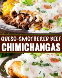 Tortillas stuffed with tender, spicy, slow cooked spiced beef (barbacoa-style), fried to crunchy perfection, then smothered in a velvety smooth white queso! Great meal to use up leftovers too! #beef #chimichangas #mexican #easyrecipe #dinner #barbacoa #queso #cheese #smothered 