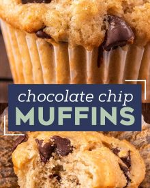 Get ready to toss those boxes of muffin mix, these homemade chocolate chip muffins are moist and tender, loaded with plenty of gooey chocolate, and so simple to make!  Directions for regular, jumbo and mini sized muffins! #muffins #chocolatechip #chocolate #kidfriendly #breakfast #brunch #baking #homemade #scratch #easyrecipe