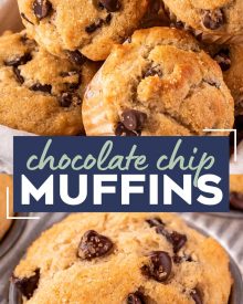 Get ready to toss those boxes of muffin mix, these homemade chocolate chip muffins are moist and tender, loaded with plenty of gooey chocolate, and so simple to make!  Directions for regular, jumbo and mini sized muffins! #muffins #chocolatechip #chocolate #kidfriendly #breakfast #brunch #baking #homemade #scratch #easyrecipe