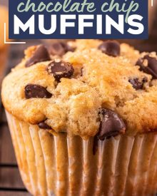 Get ready to toss those boxes of muffin mix, these homemade chocolate chip muffins are moist and tender, loaded with plenty of gooey chocolate, and so simple to make!  Directions for regular, jumbo and mini sized muffins! #muffins #chocolatechip #chocolate #kidfriendly #breakfast #brunch #baking #homemade #scratch #easyrecipe