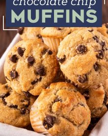 Get ready to toss those boxes of muffin mix, these homemade chocolate chip muffins are moist and tender, loaded with plenty of gooey chocolate, and so simple to make!  Directions for regular, jumbo and mini sized muffins! #muffins #chocolatechip #chocolate #kidfriendly #breakfast #brunch #baking #homemade #scratch #easyrecipe