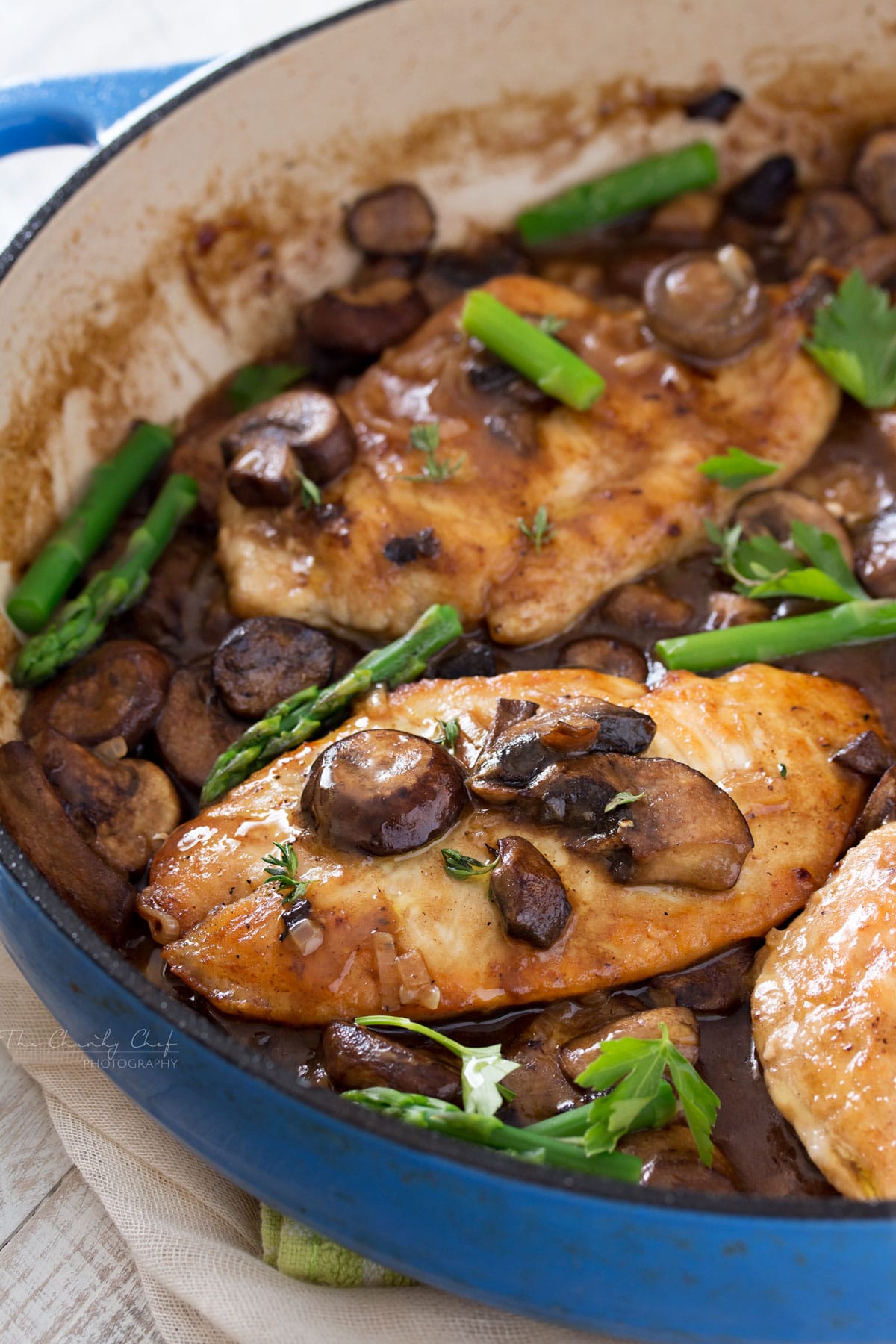 Chicken marsala with rich mushroom sauce in pan