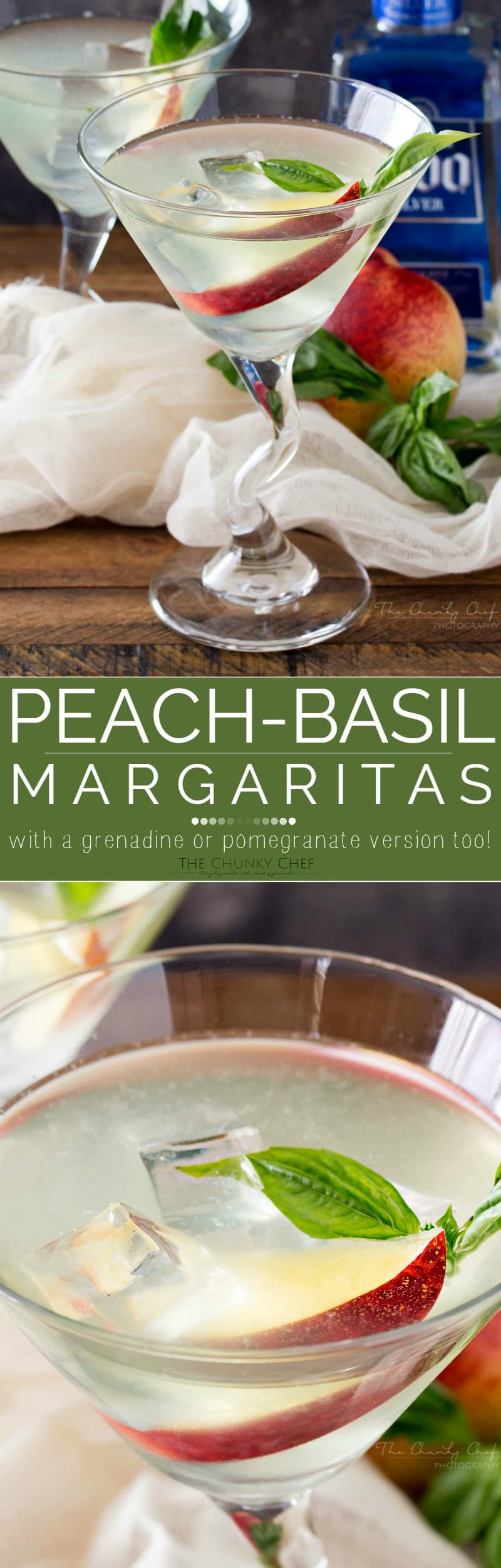 Peach Basil Margaritas | This peach basil margaritas recipe is a refreshing twist on a classic margarita! With a slice of fresh peach and a sprig of basil, it's sure to impress! | http://thechunkychef.com