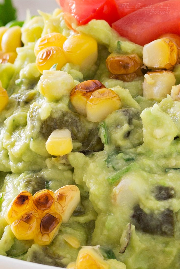 Roasted Poblano Charred Corn Guacamole | Not your average guacamole recipe! Filled with smoky roasted poblano peppers and deliciously charred corn, it's layer after layer of flavor! | http://thechunkychef.com