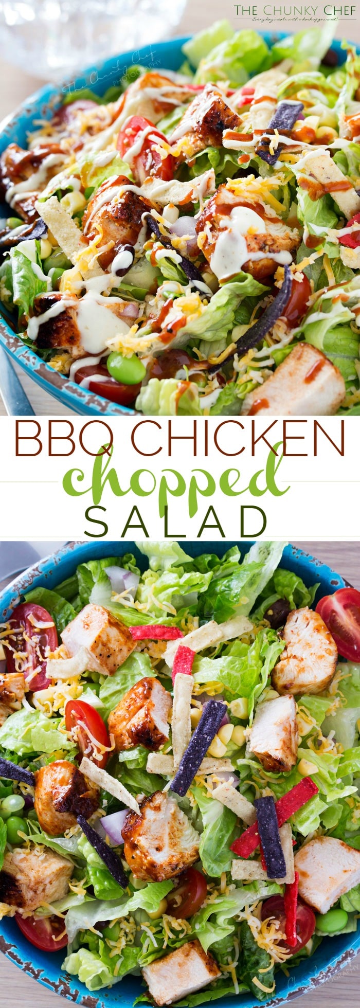 BBQ Chicken Salad | This fresh and crisp bbq chicken salad is packed with veggies, tender grilled chicken, and topped with bbq sauce and a green chile ranch dressing! | http://thechunkychef.com