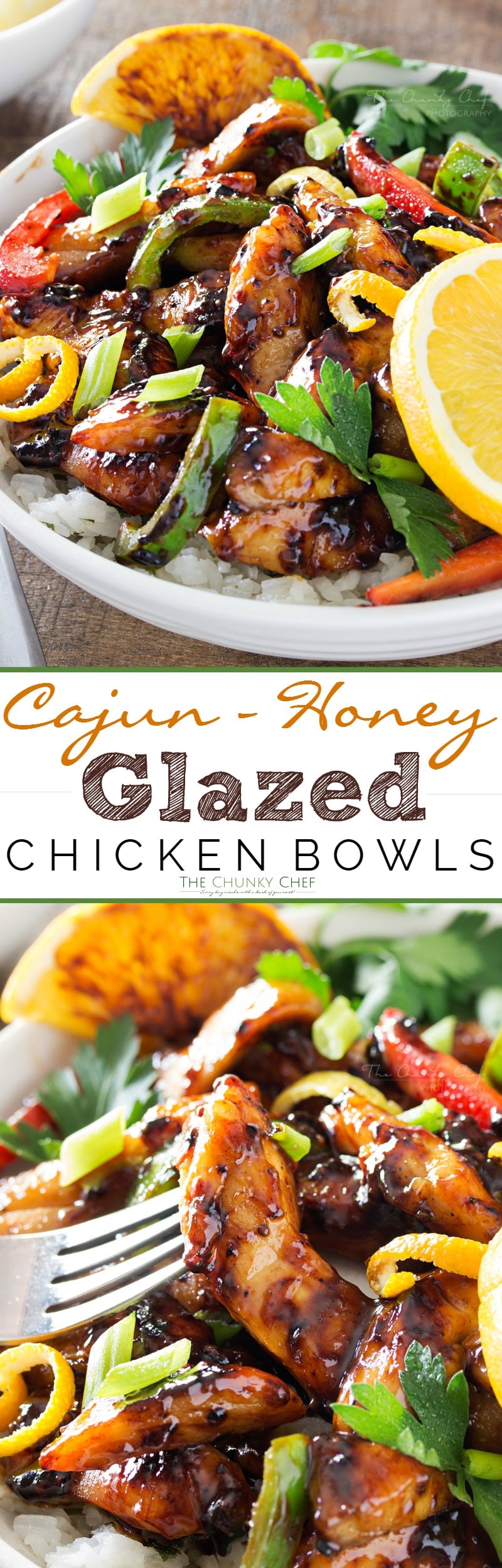 Cajun Honey Glazed Chicken Bowls | This Cajun honey glazed chicken bowl is packed with bright, fresh ingredients! The chicken is actually cooked IN the marinade, allowing for maximum flavor. | http://thechunkychef.com