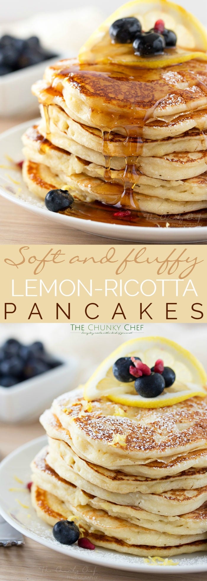 Lemon Ricotta Pancakes | Soft and fluffy ricotta pancakes infused with great lemon zest flavor... perfect for a special occasion breakfast, but easy enough to make every day! | http://thechunkychef.com