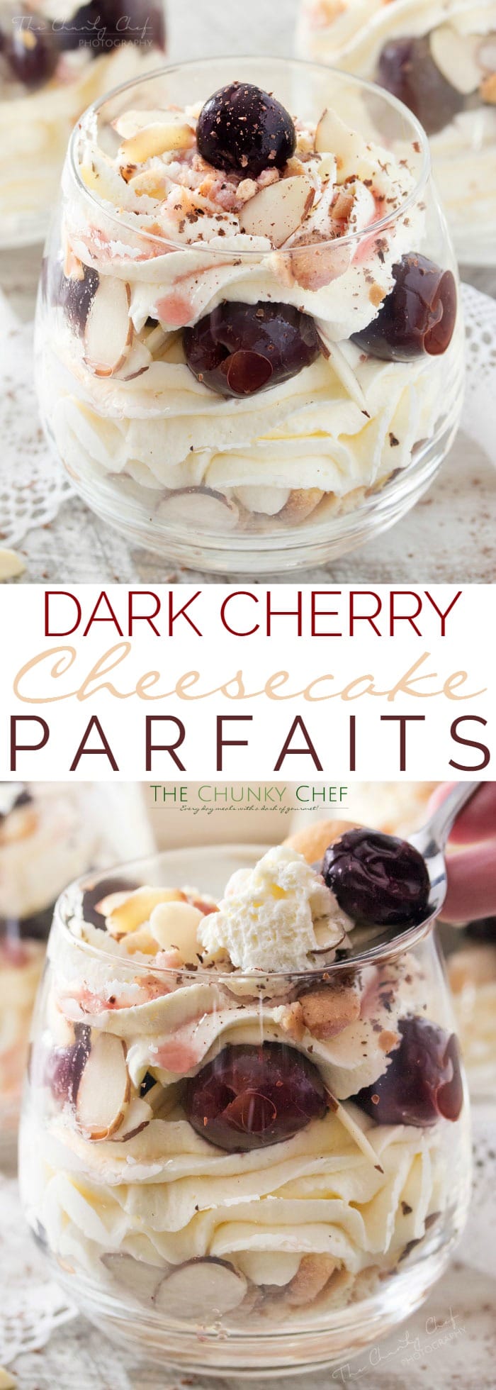 No Bake Cherry Cheesecake Parfaits | For a fast and easy no bake dessert, try these sweet cherry cheesecake parfaits! Ready in about 15 minutes, it's a great last minute dessert idea! | http://thechunkychef.com