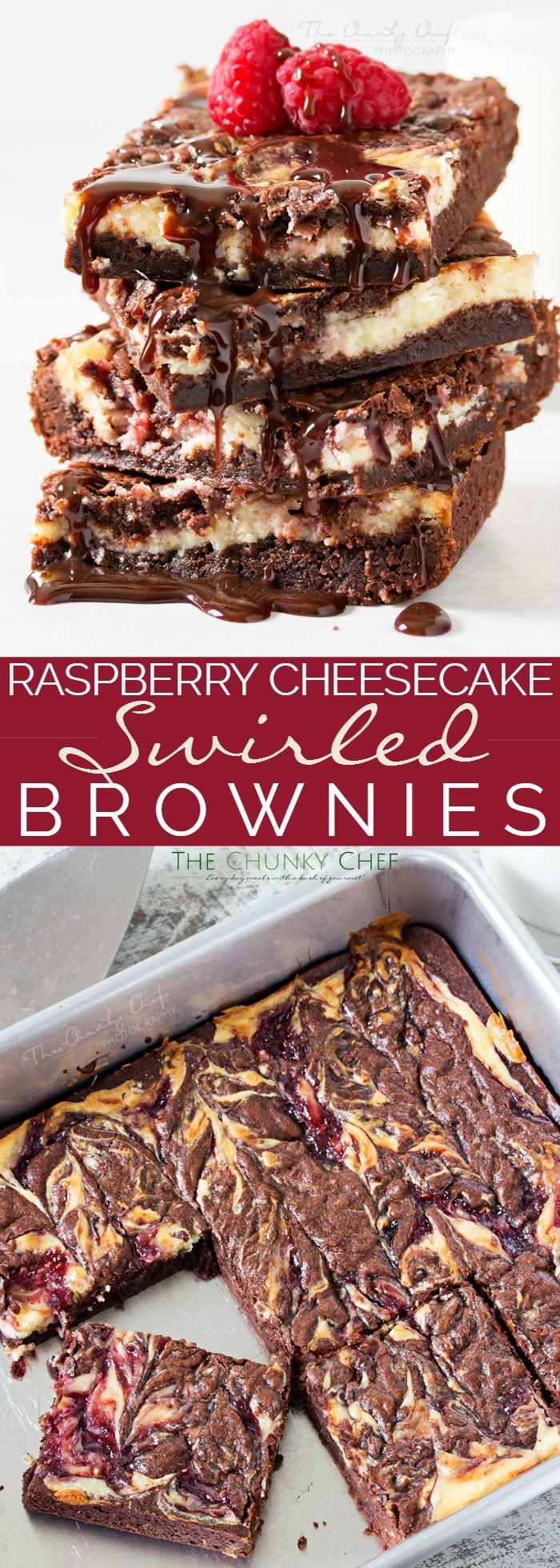 Raspberry Cheesecake Brownies | Rich, fudgy brownies are topped with a creamy cheesecake layer that's been swirled with sweet raspberry jam. The best cheesecake brownies! |http://thechunkychef.com