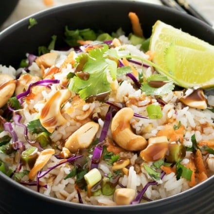 Thai Coconut Cashew Rice | This unique rice side dish is packed with Thai flavors and is a mouthwatering side dish to accompany just about any protein you'd like! | http://thechunkychef.com