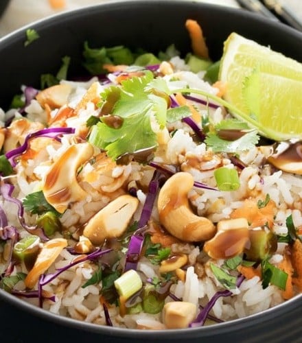 Thai Coconut Cashew Rice | This unique rice side dish is packed with Thai flavors and is a mouthwatering side dish to accompany just about any protein you'd like! | http://thechunkychef.com