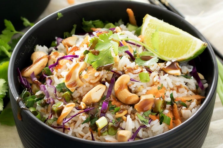 Thai Coconut Cashew Rice | This unique rice side dish is packed with Thai flavors and is a mouthwatering side dish to accompany just about any protein you'd like! | http://thechunkychef.com