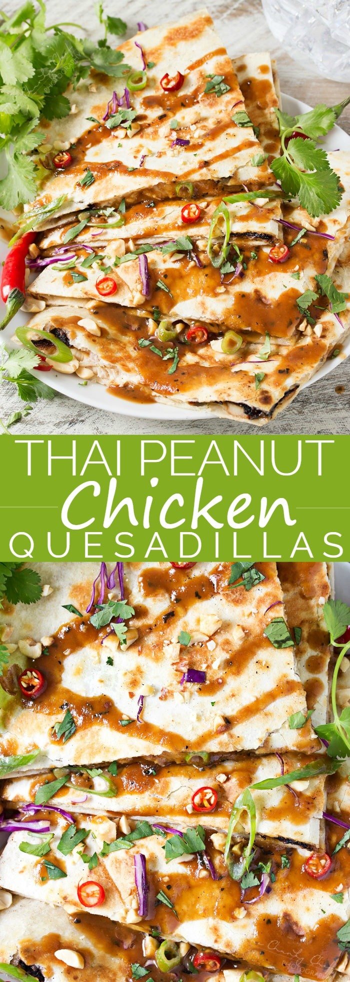 Thai Peanut Chicken Quesadillas | Thai chicken gets a fusion twist in these Thai peanut chicken quesadillas! Loaded with flavor and fun to make, try them tonight! | http://thechunkychef.com