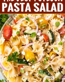 Always a crowd-pleaser, this pasta salad has won first place in several potluck contests.  Summer vegetables, tender pasta, salty cheese, and a mouthwatering zesty dressing! #pastasalad #potluck #bbq #italian #greek #mediterranean #pasta, #salad #makeaheadrecipe #easyrecipe