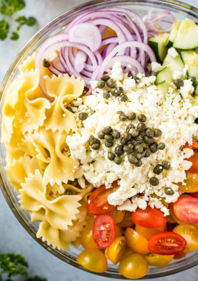 Ingredients for pasta salad in bowl