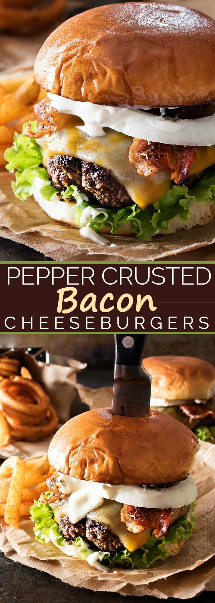 Pepper Crusted Bacon Cheeseburgers | Nothing beats a great burger. Except delicious pepper crusted bacon cheeseburgers, slathered with a garlic aioli! Make burger night one to remember! | http://thechunkychef.com