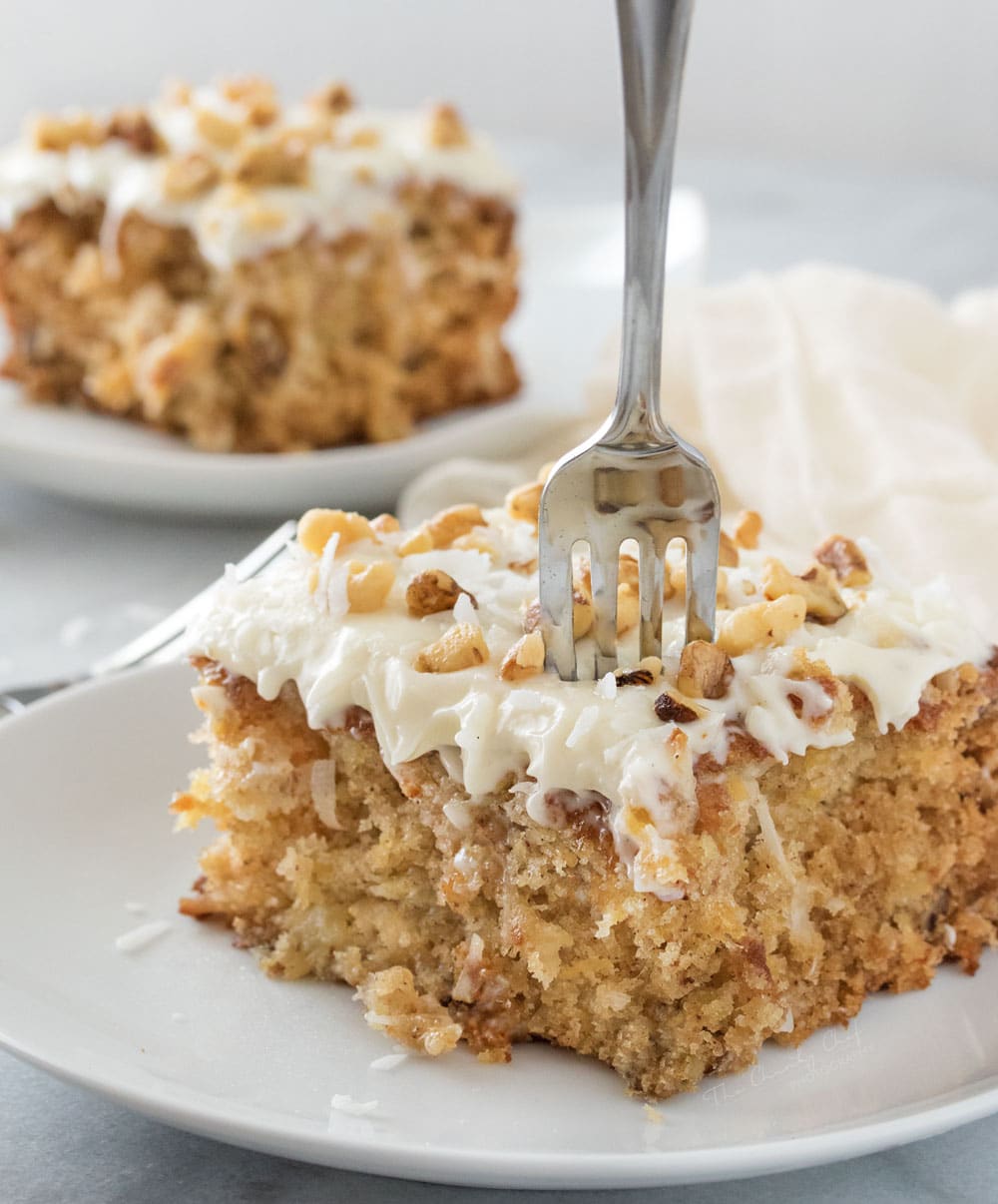 Preacher Cake | This light, moist, and tropical preacher cake is the easiest dessert ever! You mix it together with a wooden spoon, in one bowl... no mixer needed! | http://thechunkychef.com