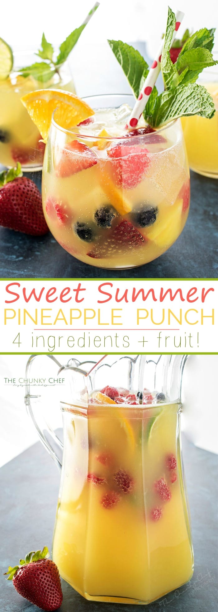 Summer Pineapple Punch | This sweet and easy to make pineapple punch will be the hit of any party! Just 4 simple ingredients plus fresh fruit and pretty garnishes! | http://thechunkychef.com