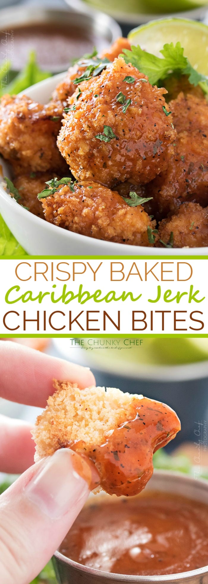 Baked Caribbean Jerk Chicken Bites | These ultra crispy chicken bites are lightened up by baking instead of frying in oil, then tossed in a mouthwatering copycat Caribbean Jerk sauce! | http://thechunkychef.com