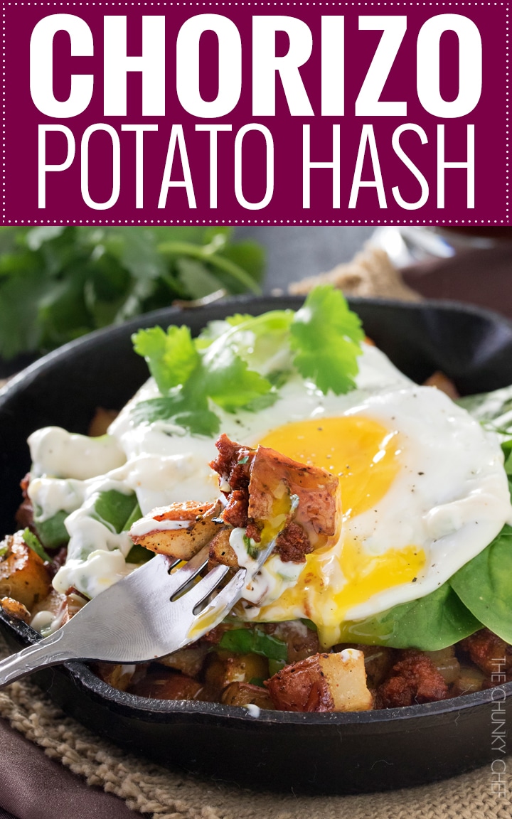 Chorizo Potato Hash with Jalapeno Aioli | Kick your breakfast up a notch with this delicious chorizo potato hash, topped with a sunny side up egg and drizzled with a homemade jalapeno aioli! |http://thechunkychef.com