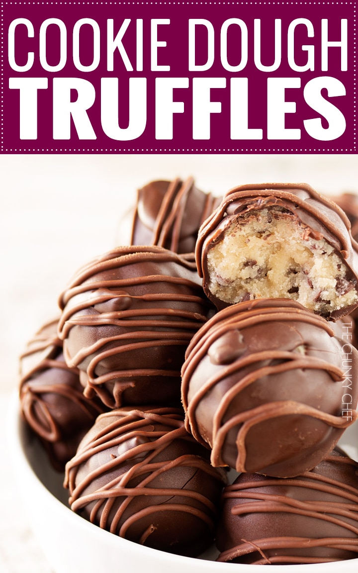Triple Chocolate Cookie Dough Truffles | These cookie dough truffles are made from an egg-less cookie dough with semi sweet chocolate chips, then coated in two different kinds of chocolate! | http://thechunkychef.com