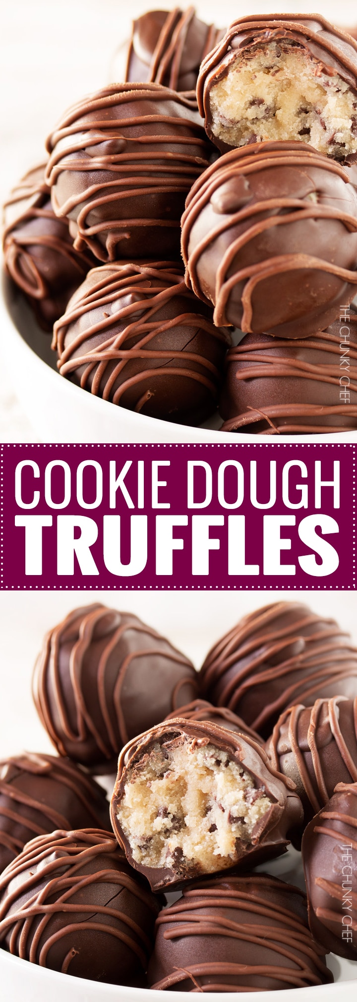 Triple Chocolate Cookie Dough Truffles | These cookie dough truffles are made from an egg-less cookie dough with semi sweet chocolate chips, then coated in two different kinds of chocolate! | http://thechunkychef.com