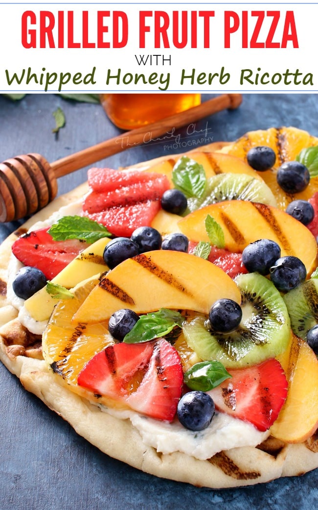 Grilled Fruit Pizza | Flatbread slathered with a glorious honey herb whipped ricotta, topped with delicious grilled fruit, drizzled with honey and sprinkled with fresh herbs! | http://thechunkychef.com